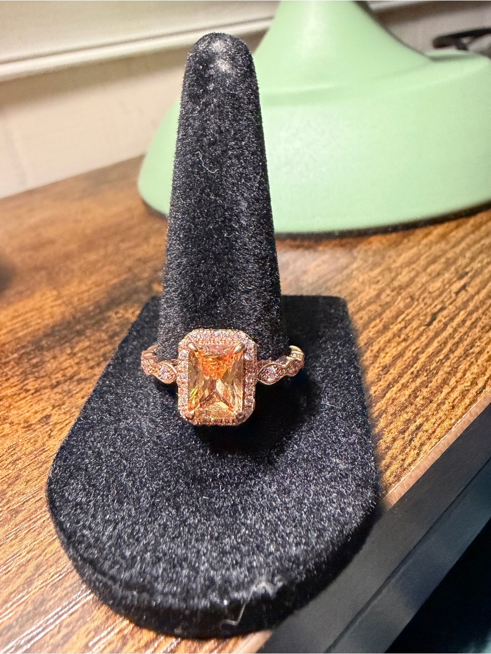 Emerald-Cut Peach Halo Ring in Rose Gold - Size 9